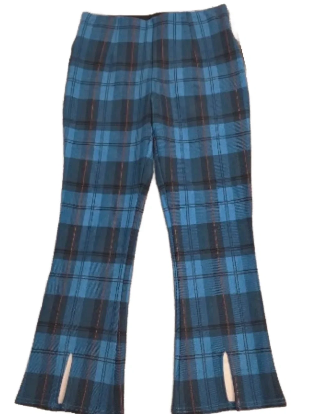 Slim Factor by Investments Blue Plaid Kick Flare Pull on Pants. NWT, Small